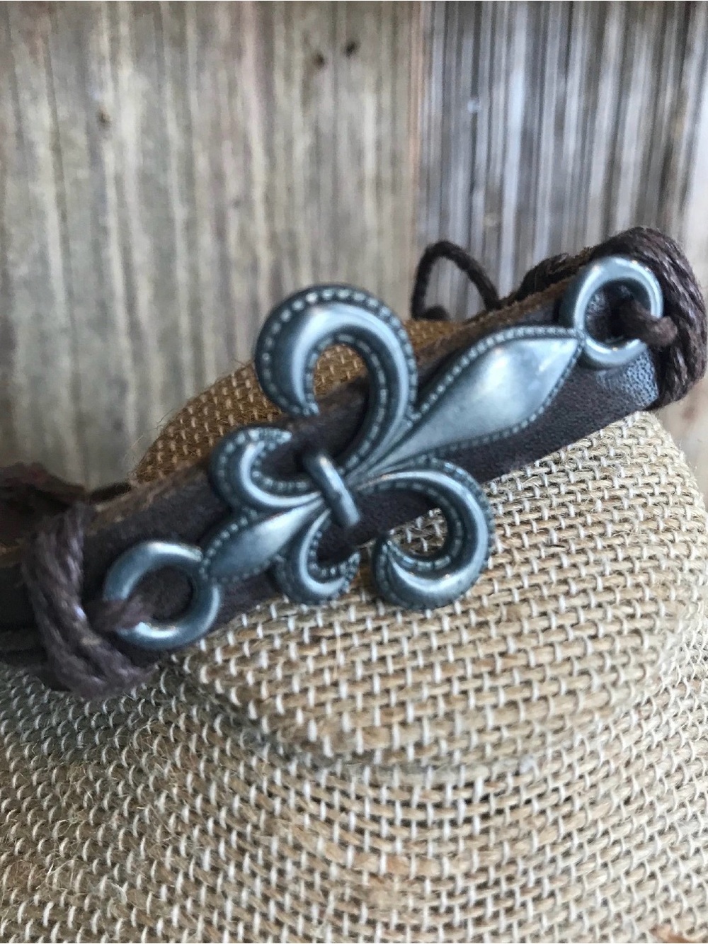 Brown Leather Bracelet with Fleur-de-Lis Metal Accent